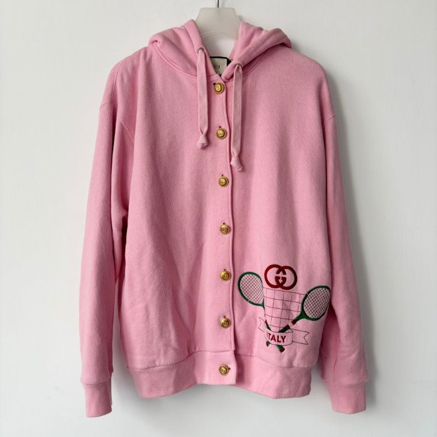 ::GUCCI:: 綠色網球拍紅色雙G刺繡粉色連帽外套 內裡叢林絲綢 XS-1