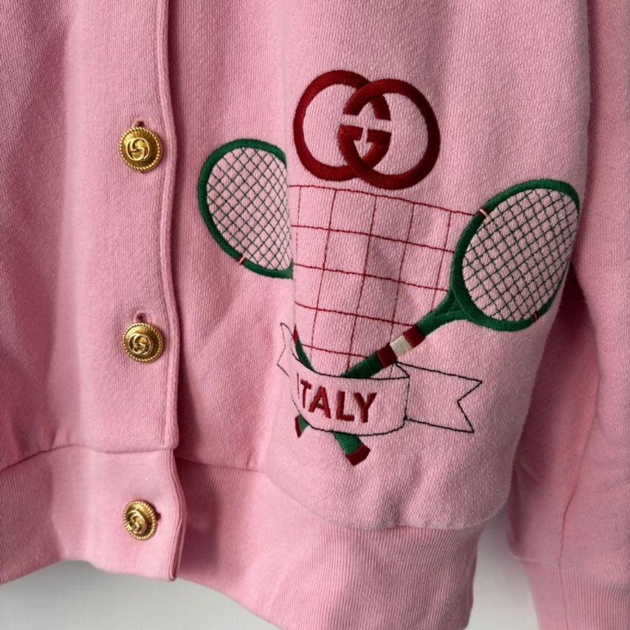 ::GUCCI:: 綠色網球拍紅色雙G刺繡粉色連帽外套 內裡叢林絲綢 XS-3