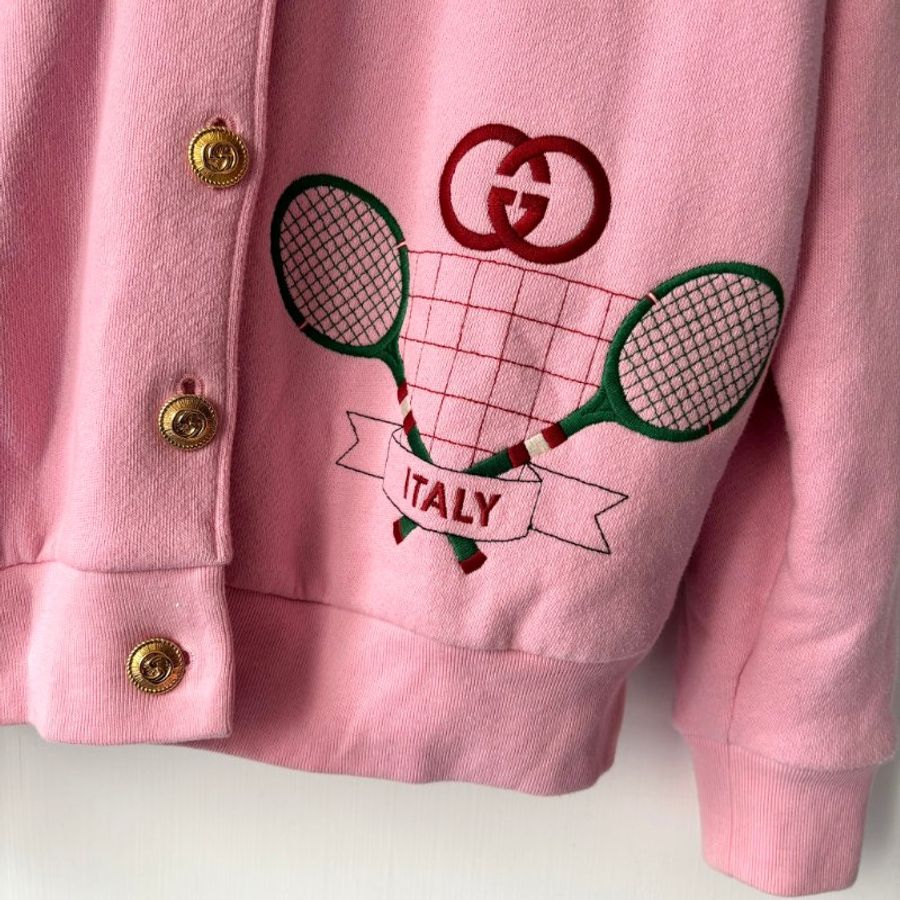 ::GUCCI:: 綠色網球拍紅色雙G刺繡粉色連帽外套 內裡叢林絲綢 XS-4