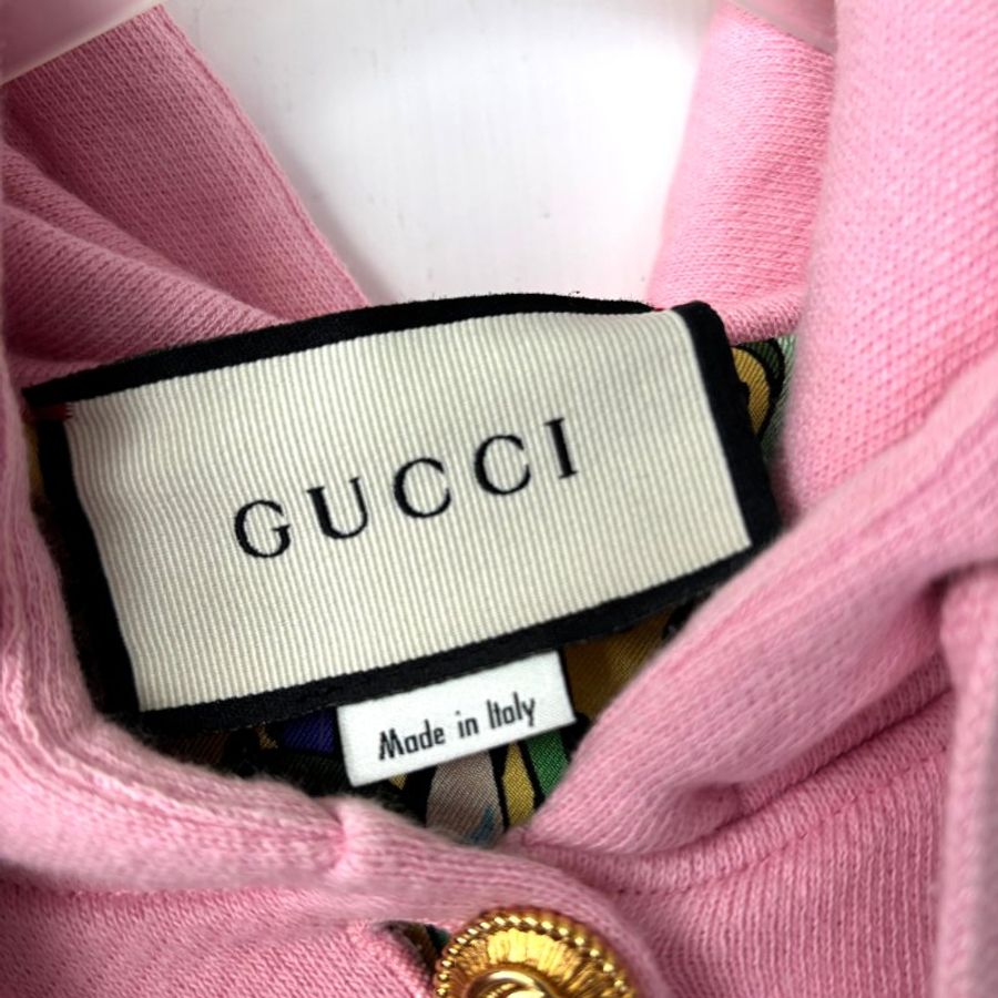 ::GUCCI:: 綠色網球拍紅色雙G刺繡粉色連帽外套 內裡叢林絲綢 XS-8
