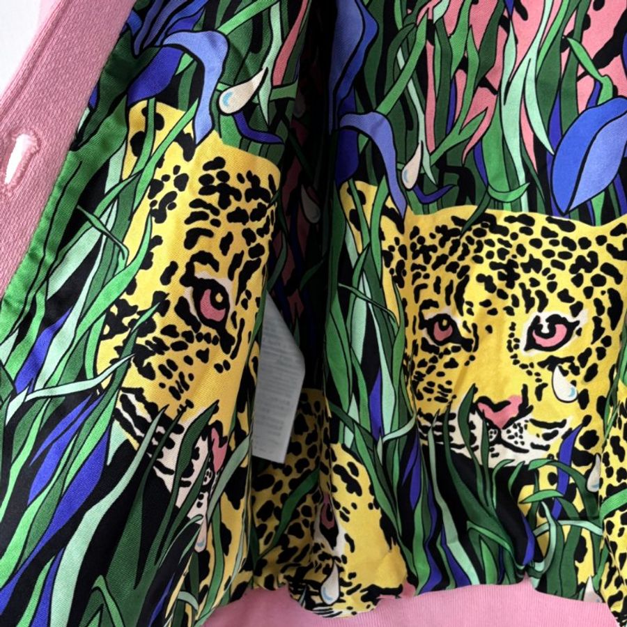 ::GUCCI:: 綠色網球拍紅色雙G刺繡粉色連帽外套 內裡叢林絲綢 XS-13