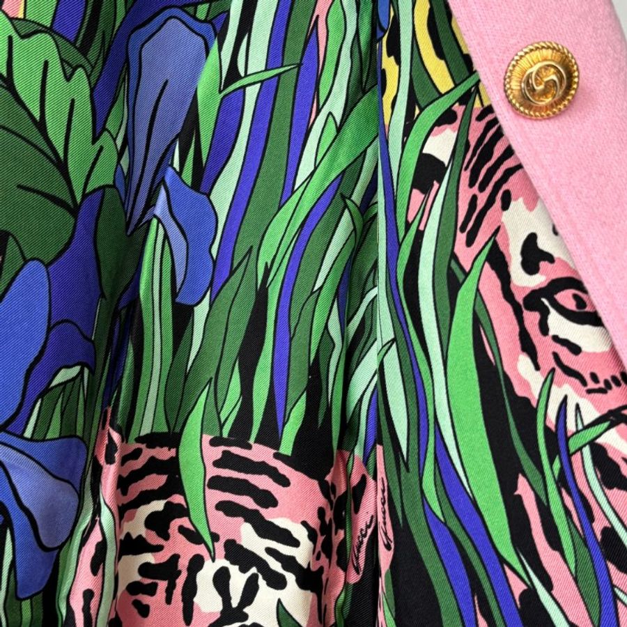 ::GUCCI:: 綠色網球拍紅色雙G刺繡粉色連帽外套 內裡叢林絲綢 XS-17