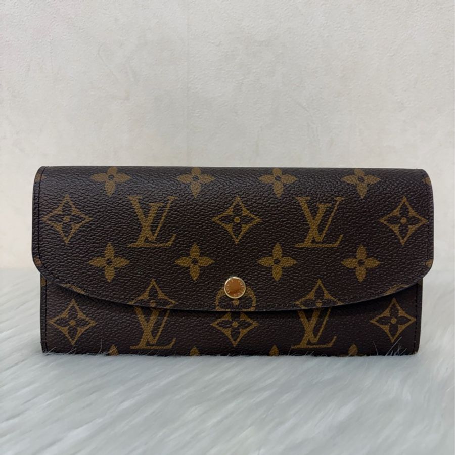 LV M60697 原花 金釦 紫皮 釦式 長夾  Emilie 錢包-0