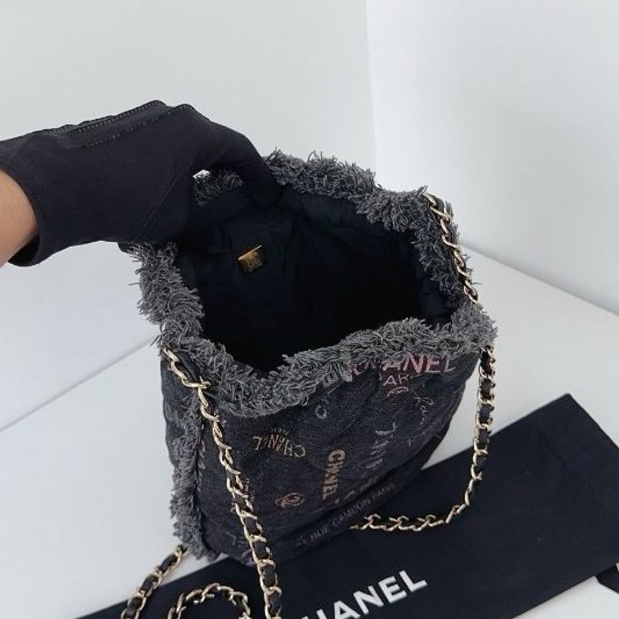 近新品 香奈兒/Chanel 黑丹寧牛仔小號 抽繩鏈條水桶包 芯片款-9