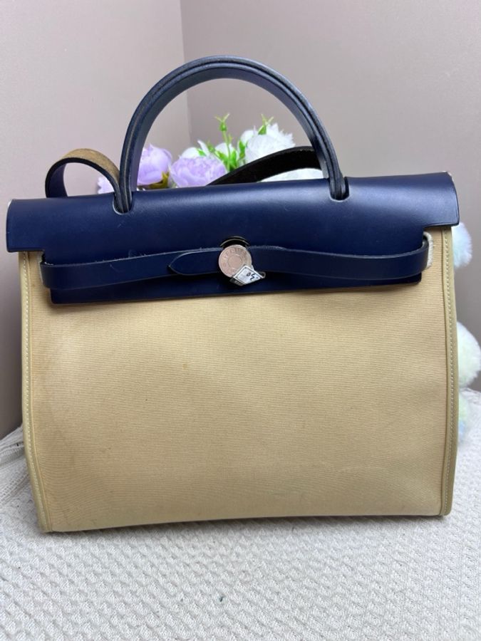 Hermes/愛馬仕 herbag31藍蓋拼米色帆布 單肩包 斜挎包-1