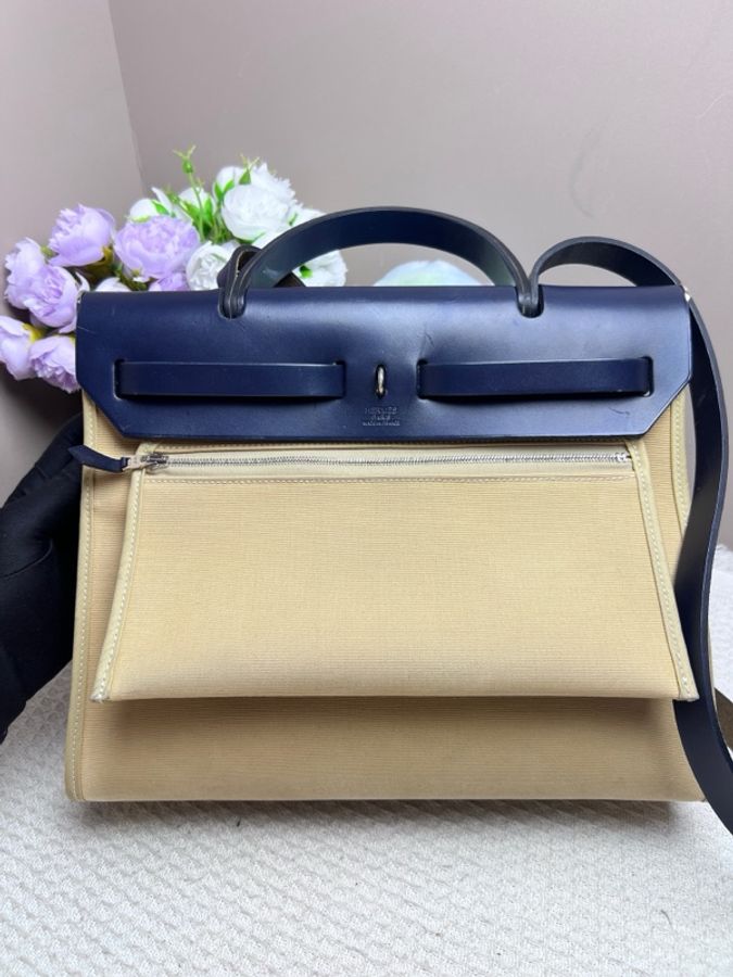 Hermes/愛馬仕 herbag31藍蓋拼米色帆布 單肩包 斜挎包-2