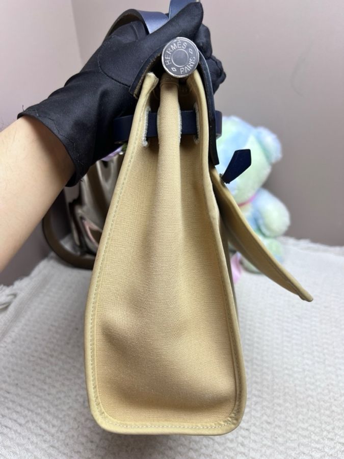 Hermes/愛馬仕 herbag31藍蓋拼米色帆布 單肩包 斜挎包-3