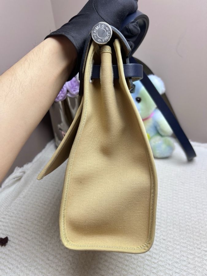 Hermes/愛馬仕 herbag31藍蓋拼米色帆布 單肩包 斜挎包-4