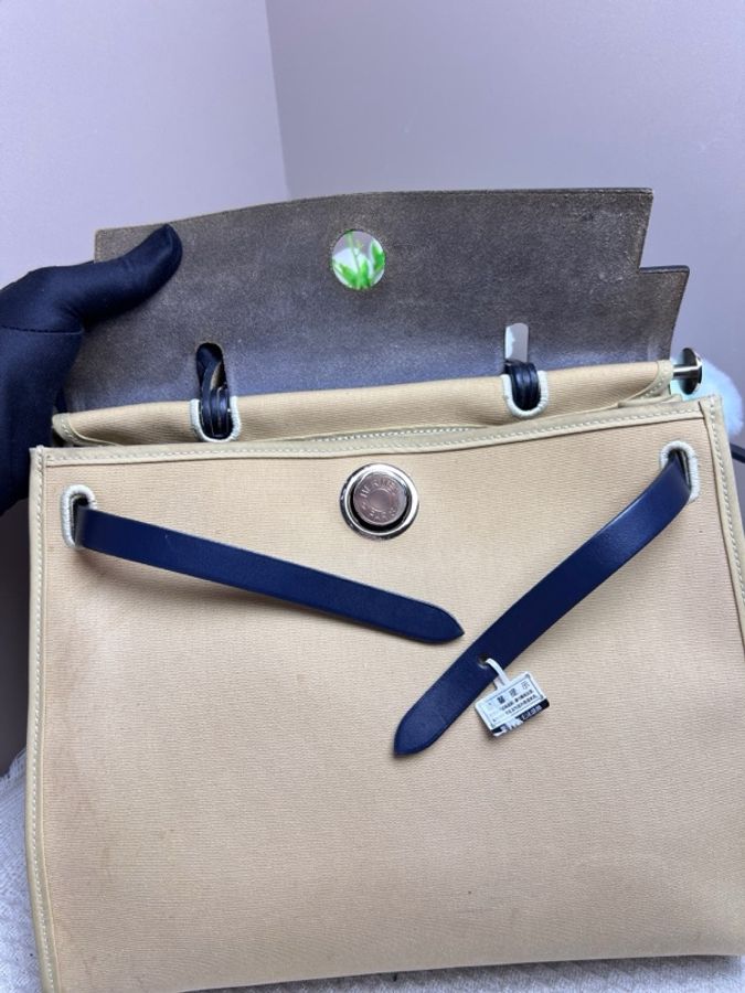 Hermes/愛馬仕 herbag31藍蓋拼米色帆布 單肩包 斜挎包-6