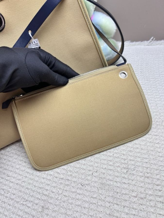 Hermes/愛馬仕 herbag31藍蓋拼米色帆布 單肩包 斜挎包-8