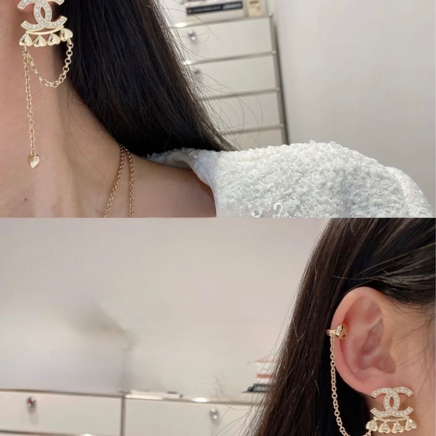 CHANEL金色雙C水鑽鏈條耳骨耳環-8