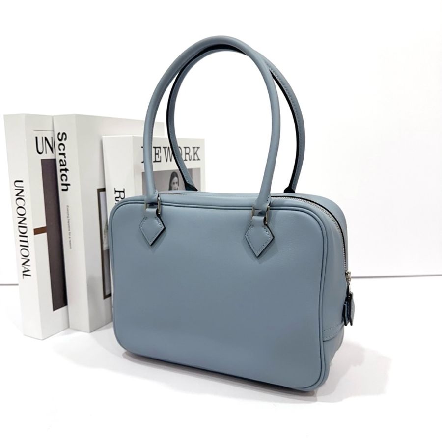 Hermes 愛馬仕 mini Plume 手提包肩背包Swift皮 亞麻藍銀扣-2