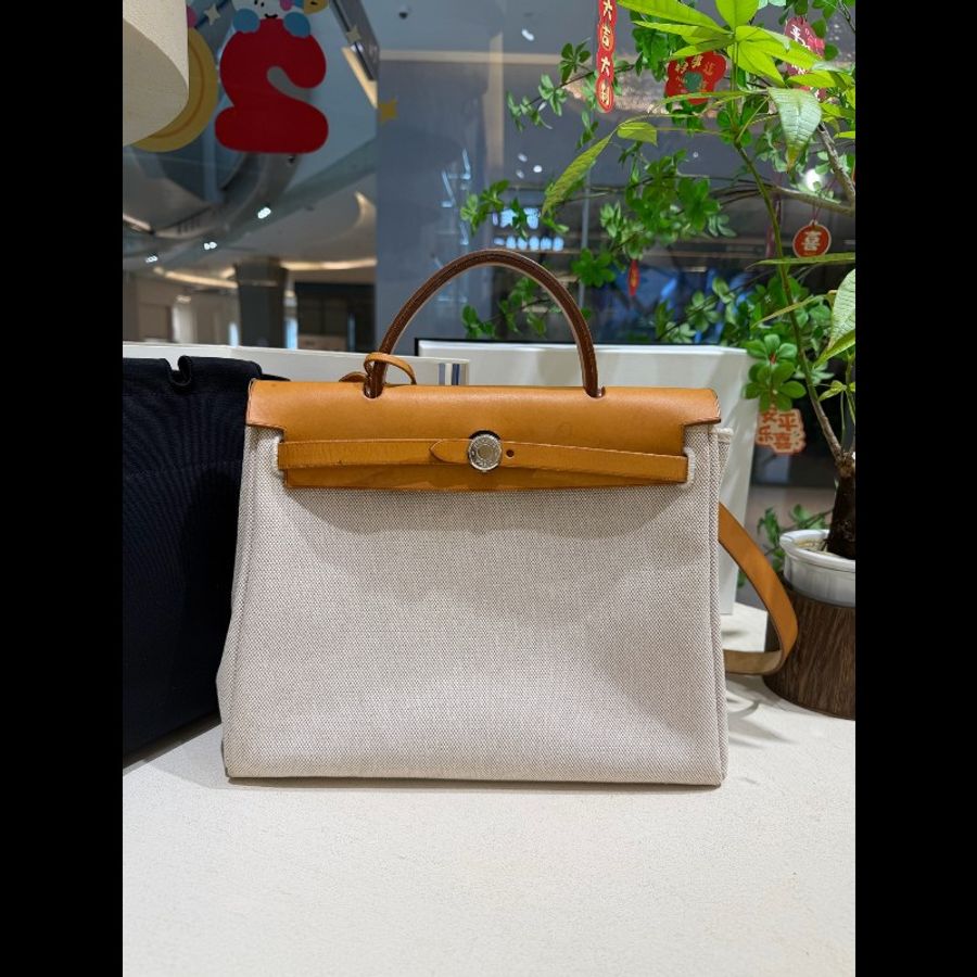 Hermès Herbag 31 米白拼棕銀扣帆布斜揹包-0