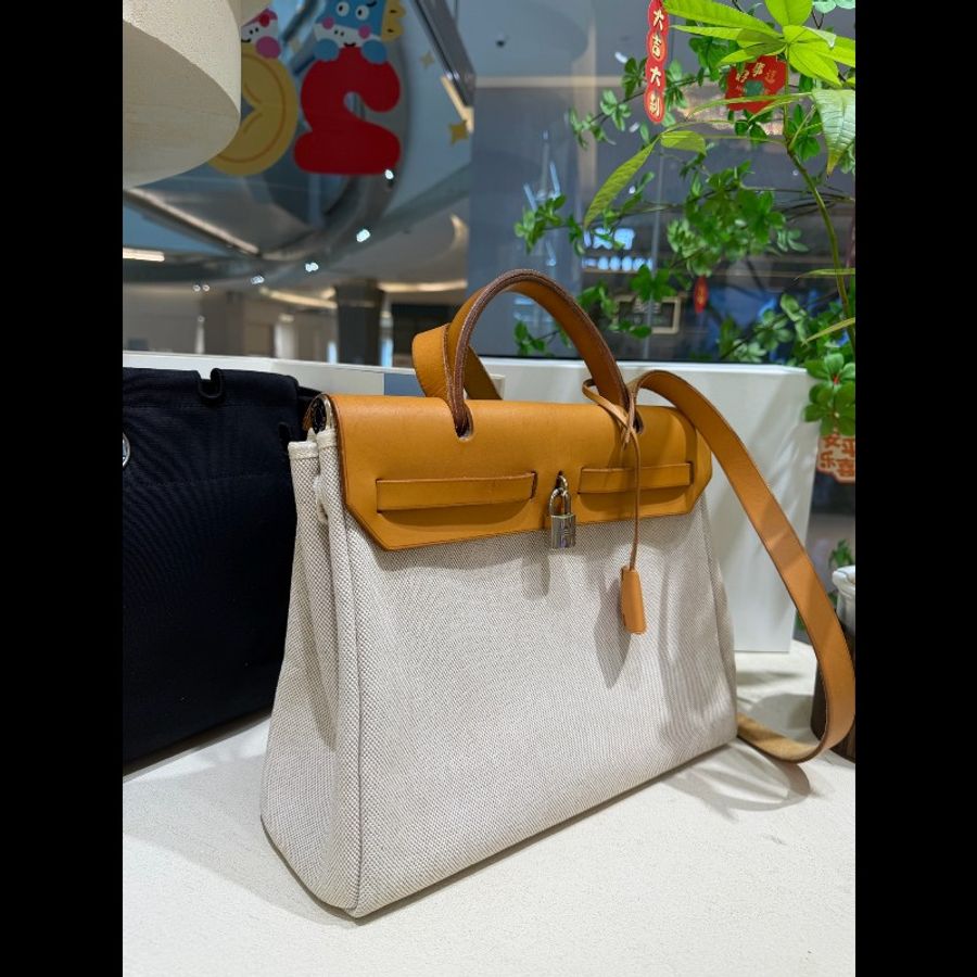 Hermès Herbag 31 米白拼棕銀扣帆布斜揹包-2