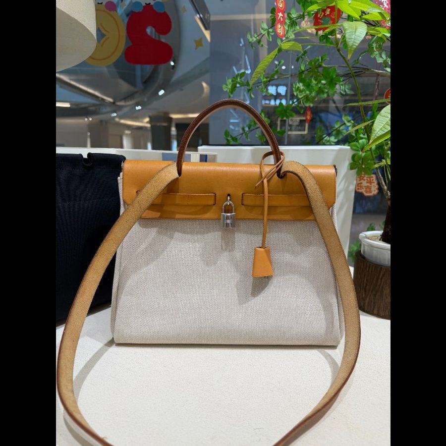 Hermès Herbag 31 米白拼棕銀扣帆布斜揹包-7
