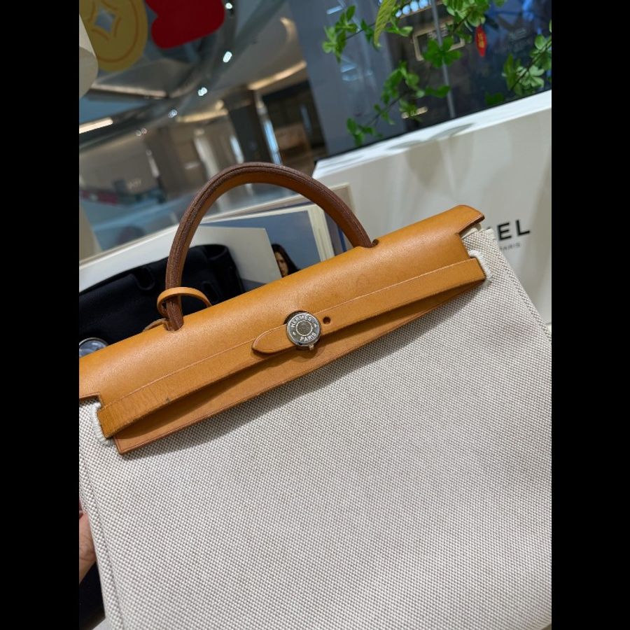 Hermès Herbag 31 米白拼棕銀扣帆布斜揹包-8