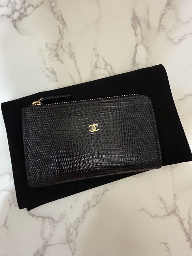 💖Chanel L型卡夾 零錢包 蜥蜴皮壓紋💖 黑色 全新-0