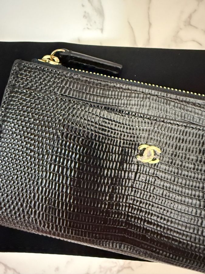 💖Chanel L型卡夾 零錢包 蜥蜴皮壓紋💖 黑色 全新-1