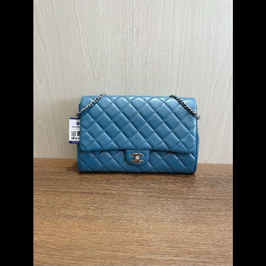 香奈兒/Chanel CF 中號藍色銀扣羊皮單肩腋下包-0