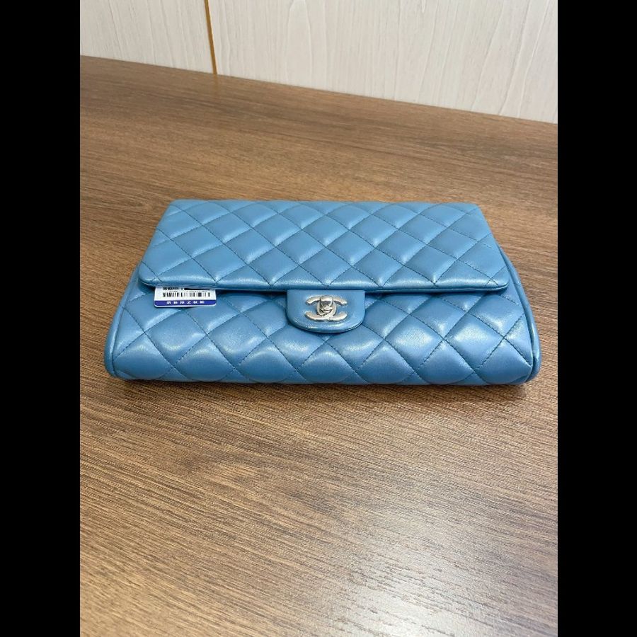 香奈兒/Chanel CF 中號藍色銀扣羊皮單肩腋下包-2