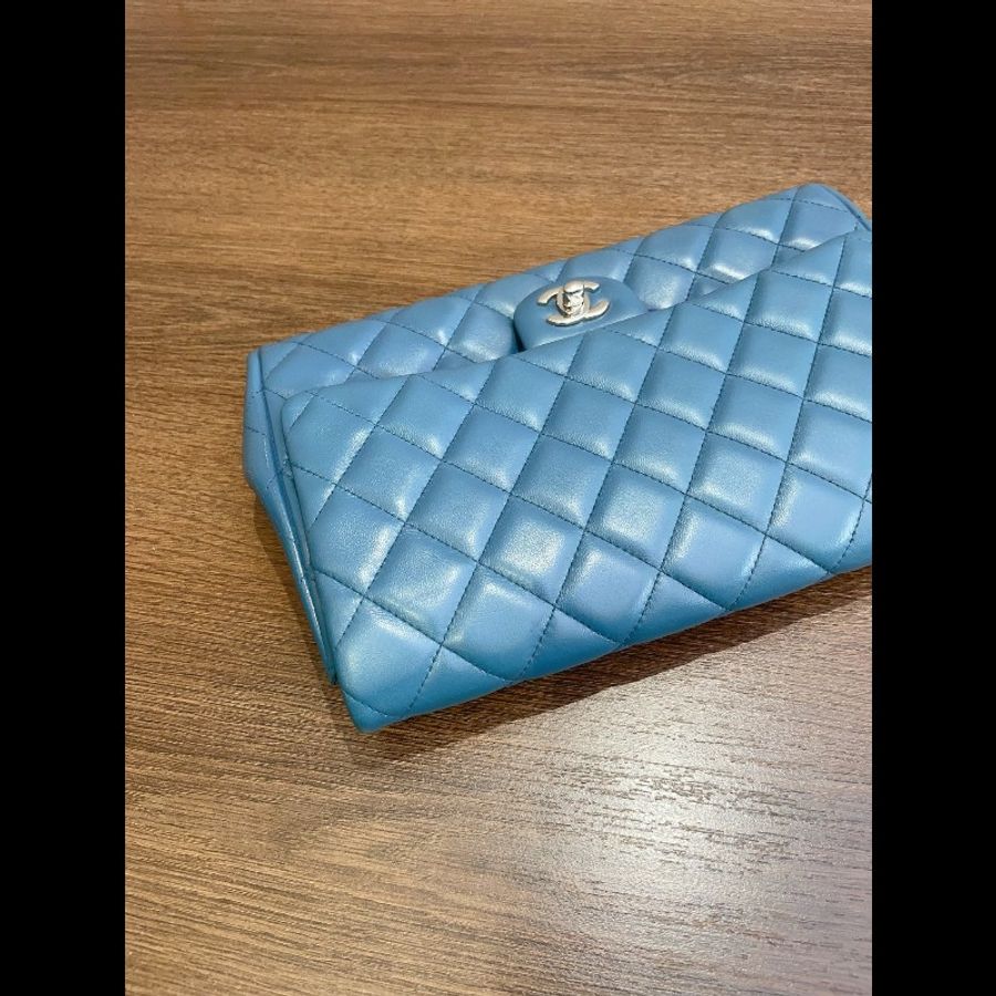 香奈兒/Chanel CF 中號藍色銀扣羊皮單肩腋下包-6