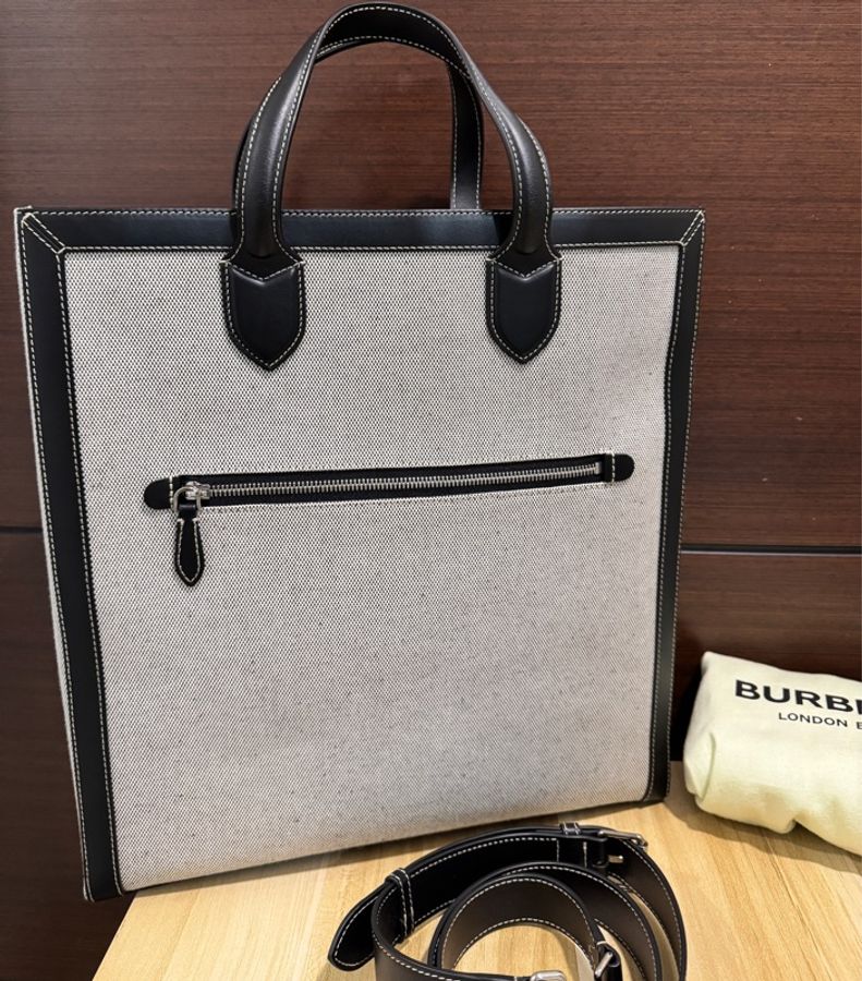 專櫃正品 BURBERRY 有型 80379361 黑灰帆布 2way 托特包 公事包 斜背包-2
