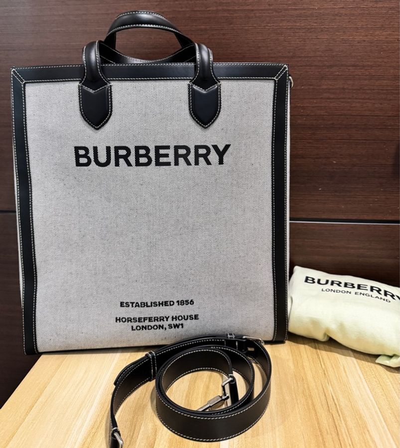 專櫃正品 BURBERRY 有型 80379361 黑灰帆布 2way 托特包 公事包 斜背包-5