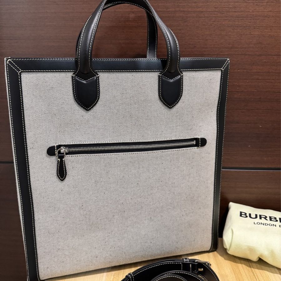 專櫃正品 BURBERRY 有型 80379361 黑灰帆布 2way 托特包 公事包 斜背包-7