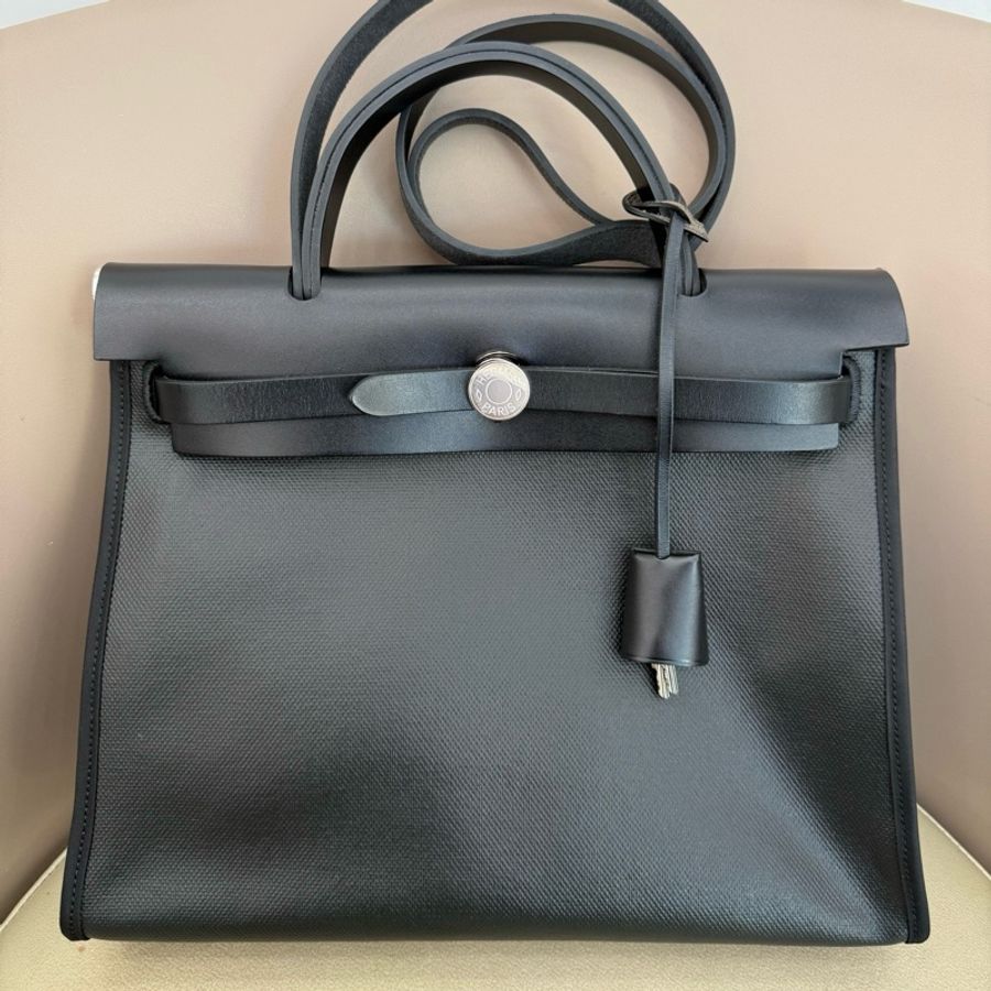Hermes/愛馬仕 Herbag31手提包肩背包斜挎包 黑色防水布拼色帆布 銀扣-1