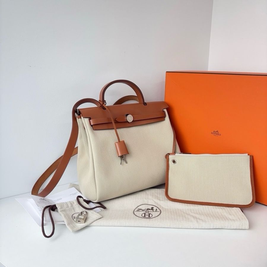 Hermes愛馬仕 herbag 31手提包肩背包斜挎包 冰川白拼馬鞍色 銀扣-2