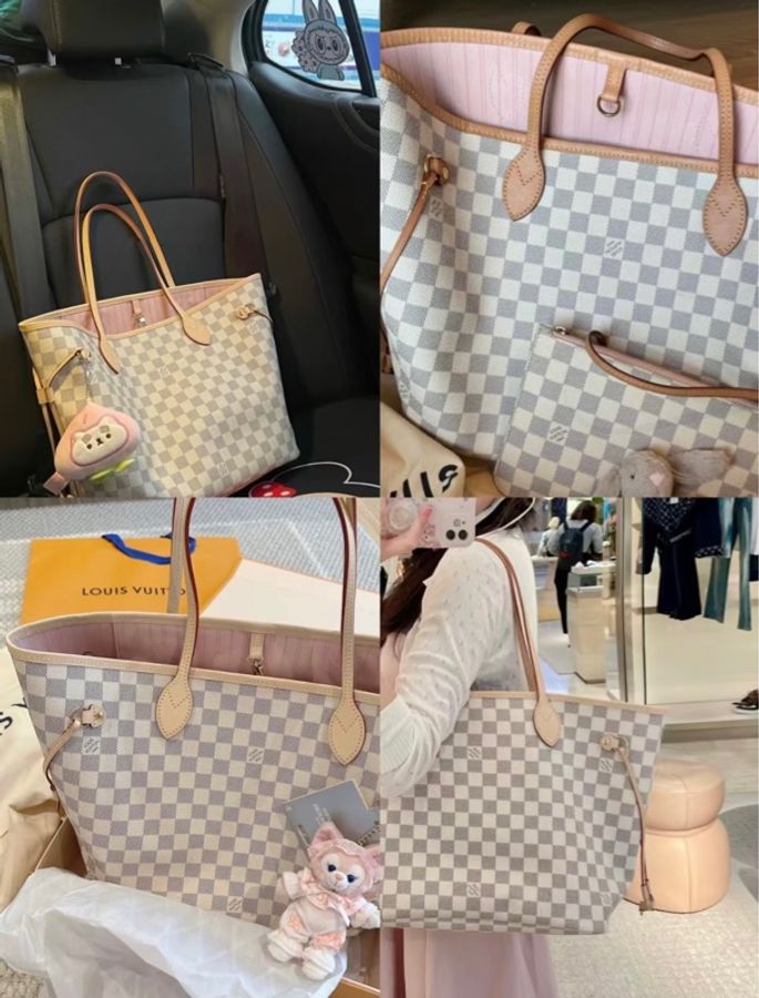 LV 路易威登 新款 Neverfull MM 托特包/白棋盤格紋包/粉色內部/中號/全新閒置美品-9