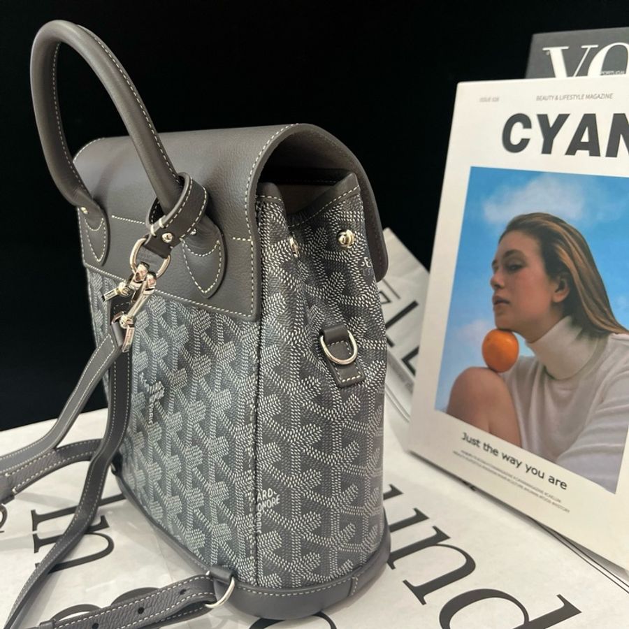 戈雅Goyard Alpin Mini 後背包 灰色老花手提包雙肩包 銀扣-3