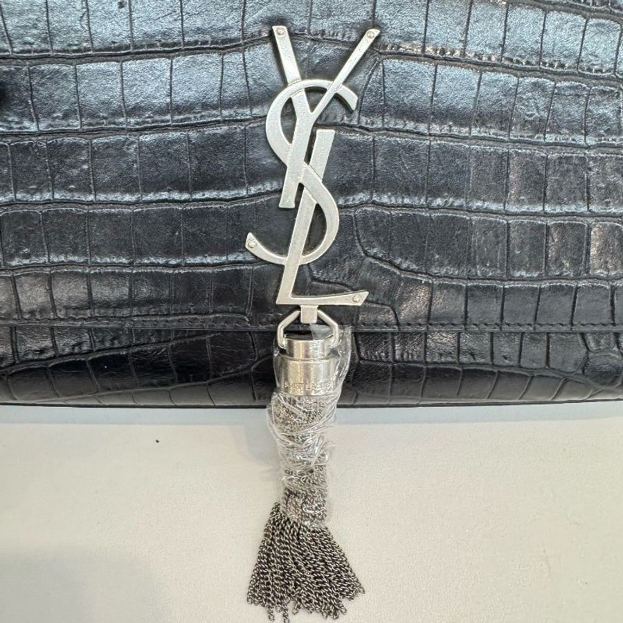 Saint laurent/聖羅蘭流蘇kate黑銀霧面鱷魚壓紋中號單肩斜挎包-8