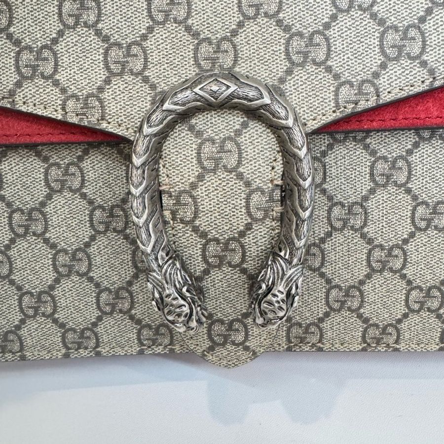 Gucci/古馳老花拼紅色麂皮中號酒神鏈條單肩斜挎包-6