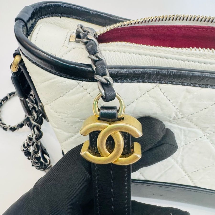 Chanel/香奈兒黑白拼色牛皮小號流浪鏈條單肩斜挎包-6