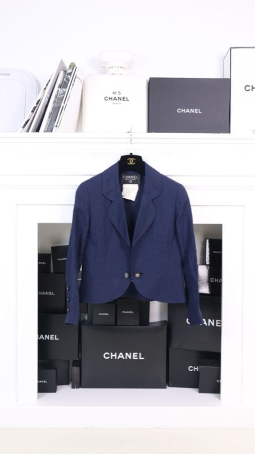 Chanel 94年春夏预告系列藏青色金扣一粒扣亚麻crop短外套-0