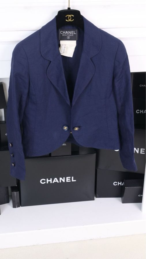 Chanel 94年春夏预告系列藏青色金扣一粒扣亚麻crop短外套-2
