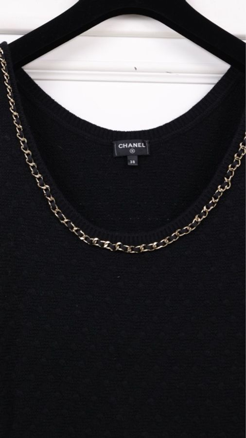 Chanel 23B黑金皮穿链滚边两口袋针织背心连衣裙-7