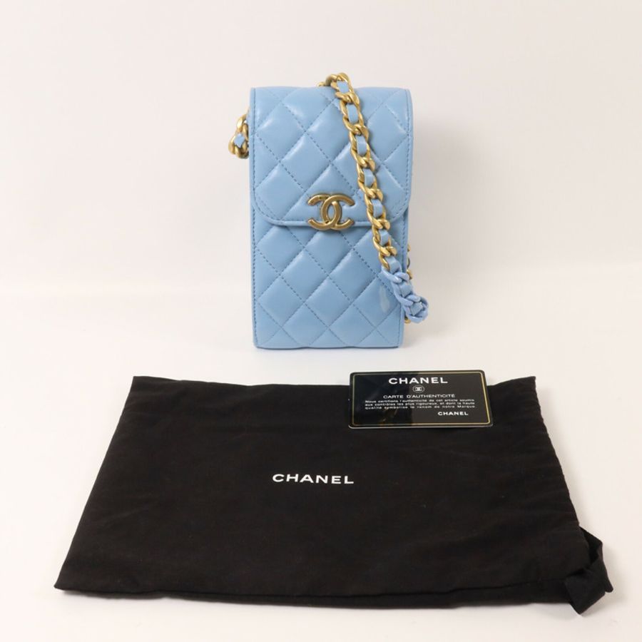 CHANEL 羊皮皮革Phone Holder with Chain鏈帶肩背袋-11