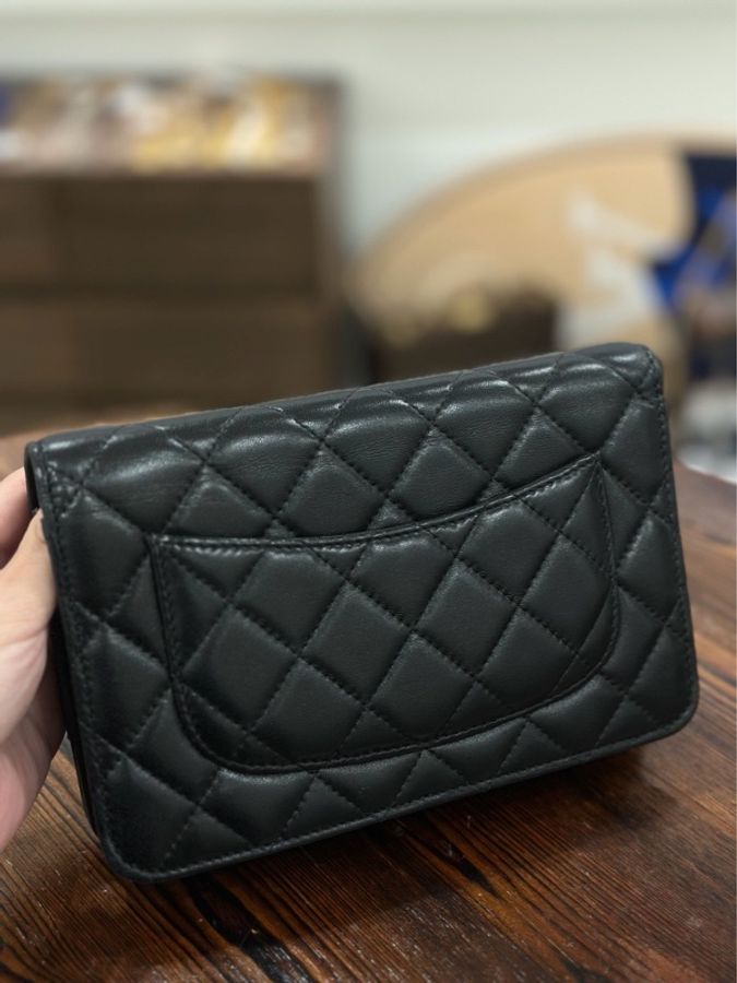 二手正品香奈兒Chanel woc黑銀羊皮經典發財包-3