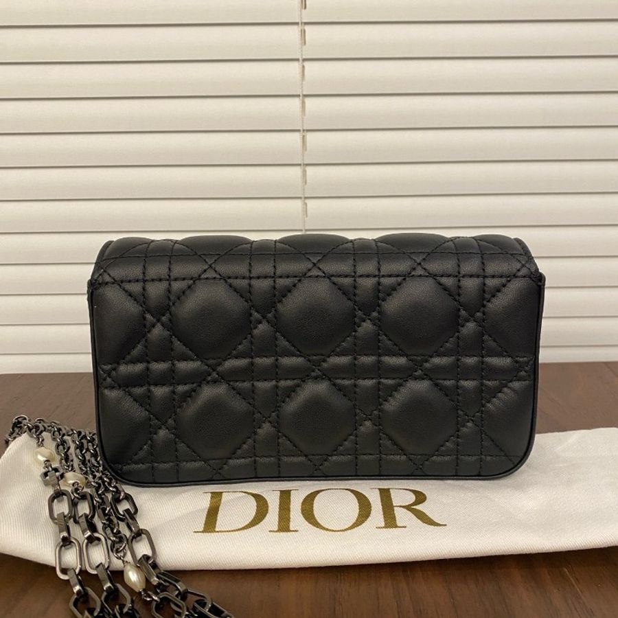 98新 Dior 黑銀菱格珍珠鏈條斜揹包,小羊皮材質-1