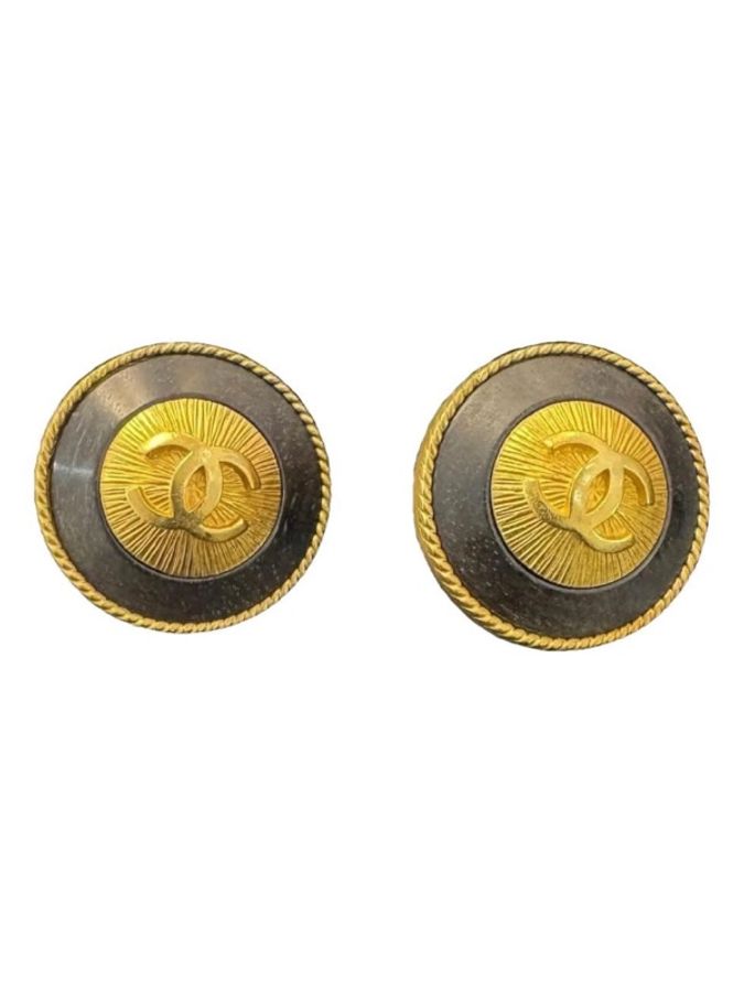 CHANEL Vintage 94P 胡桃木黑金大型圓形耳夾-0