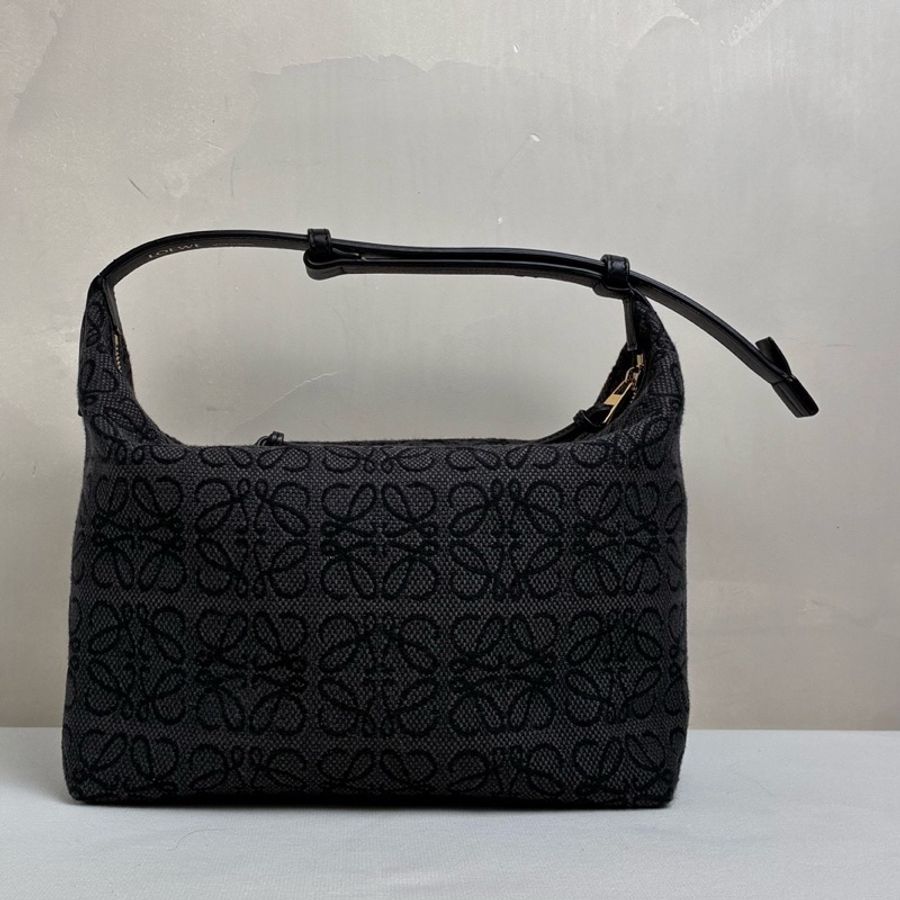 羅意威/Loewe 飯盒包 刺繡腋下單肩手提包 灰色 帆布拼皮 98新 尺寸25*18-1