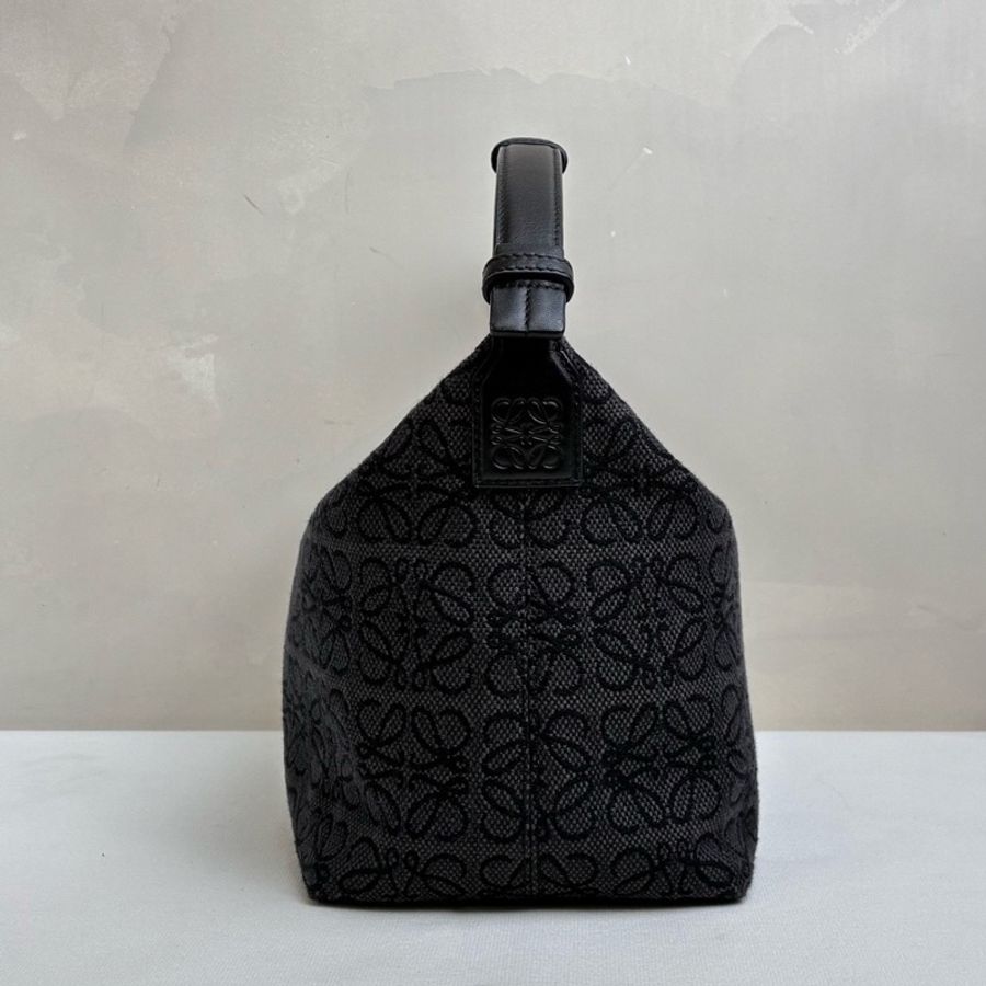 羅意威/Loewe 飯盒包 刺繡腋下單肩手提包 灰色 帆布拼皮 98新 尺寸25*18-3
