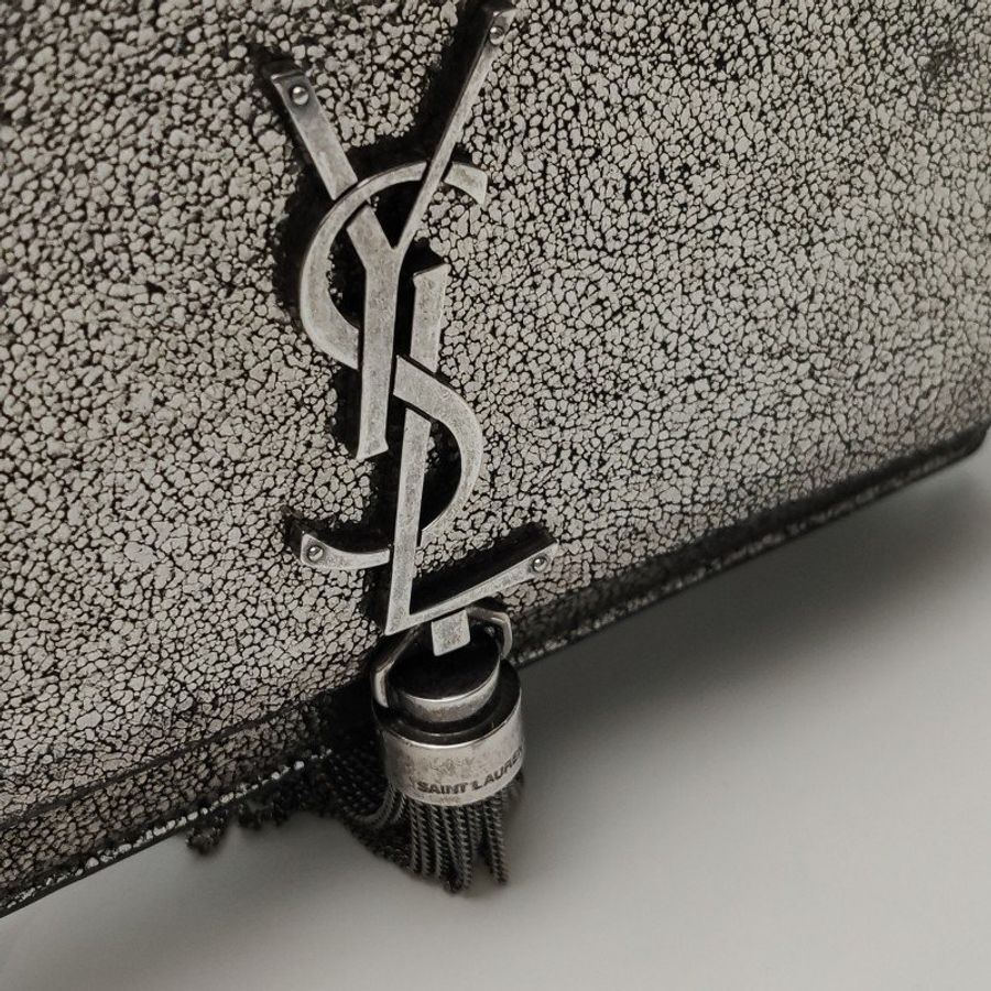 Saint Laurent Kate凱特包小號銀灰色皮質純色流蘇YSL標誌斜背包單肩包-16