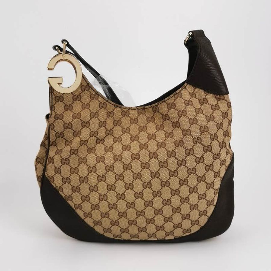Gucci 棕色牛皮帆布雙G老花斜背包單肩包-4