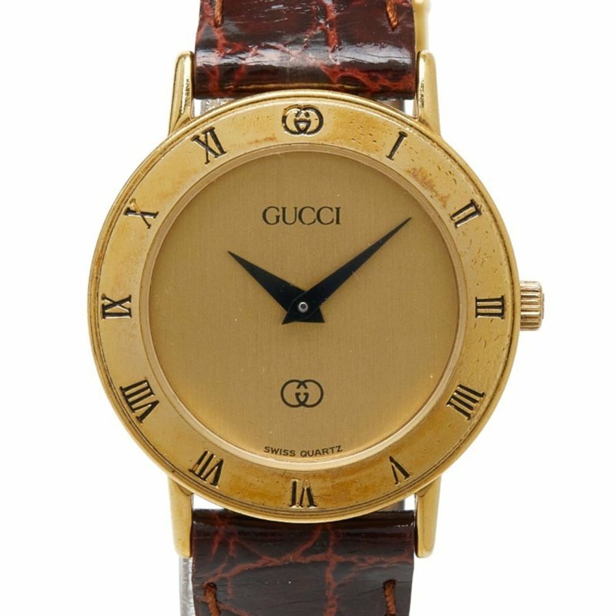 Gucci 3000 石英錶,金色錶盤,鍍金皮錶帶,女士腕錶-0