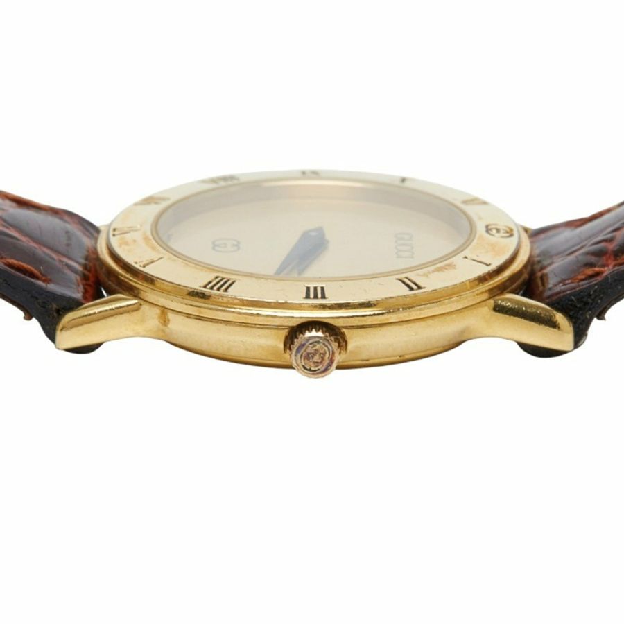 Gucci 3000 石英錶,金色錶盤,鍍金皮錶帶,女士腕錶-3