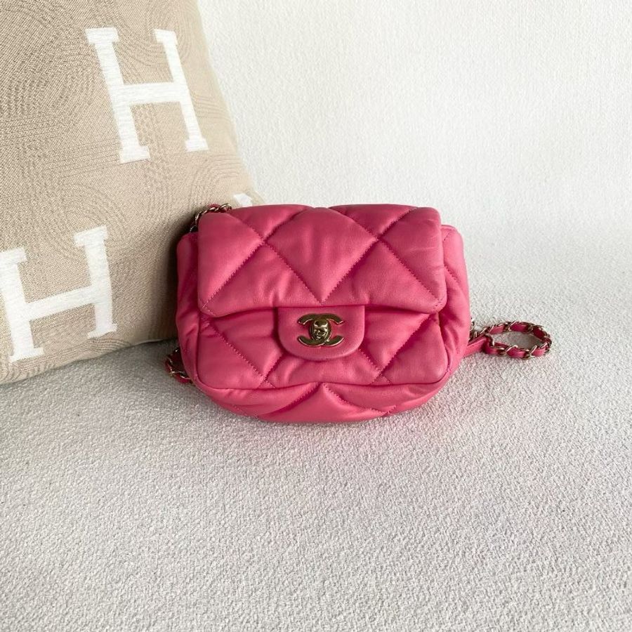 Chanel 雲朵泡芙包方胖子 粉色牛皮金扣 17*12*7 98新配件塵袋-2