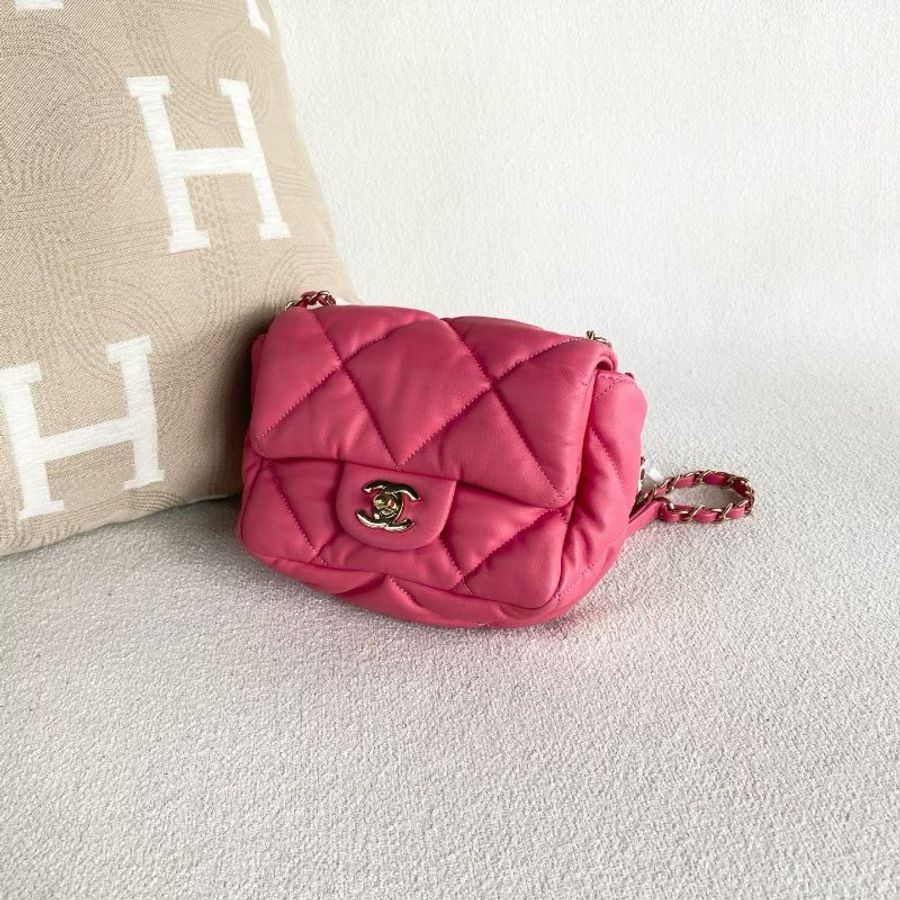Chanel 雲朵泡芙包方胖子 粉色牛皮金扣 17*12*7 98新配件塵袋-5